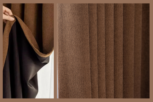 Brown blockout curtains with textured fabric and light-blocking lining, close-up detail