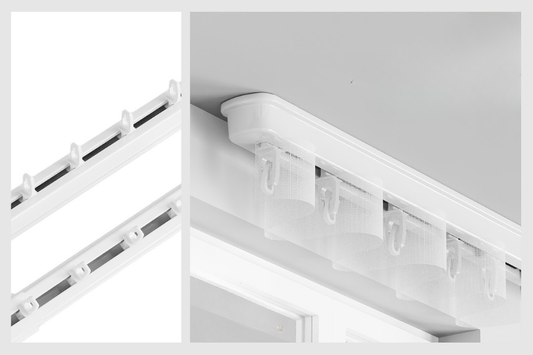 Extendable ceiling-mount S-fold curtain track system with hooks for window curtains