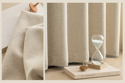 Beige textured curtains with wave fold design, close-up fabric and draped panel style.