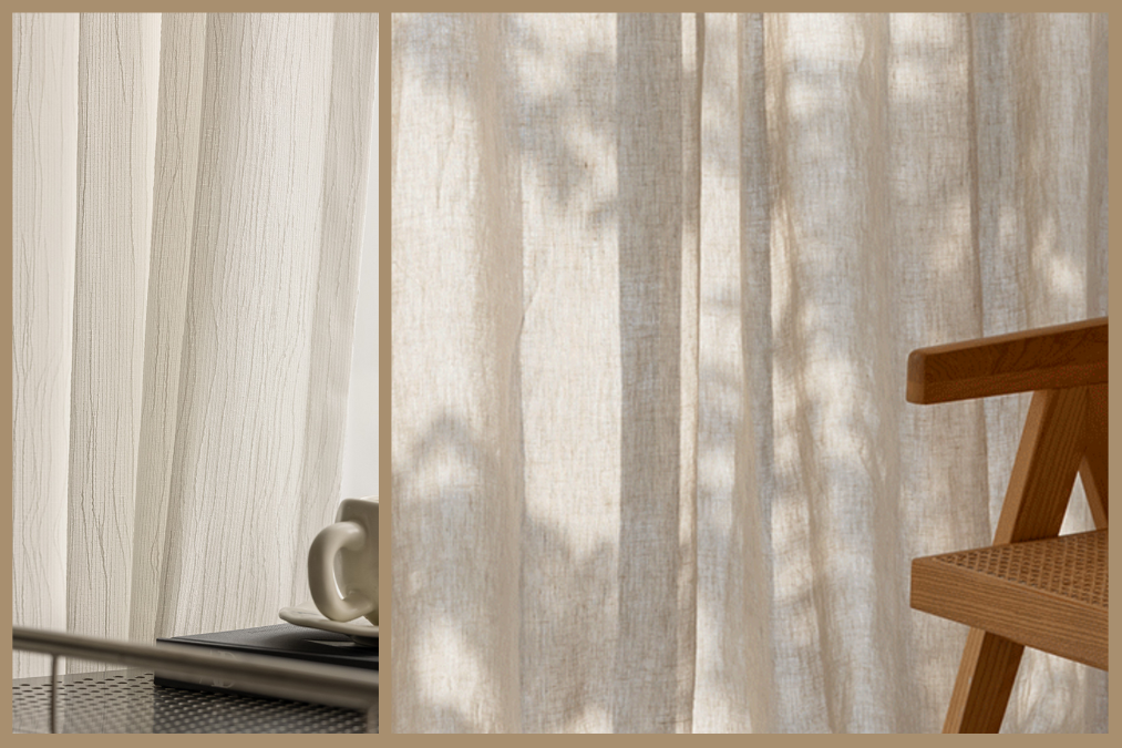 Sheer beige curtains with natural sunlight and wooden chair, modern home decor