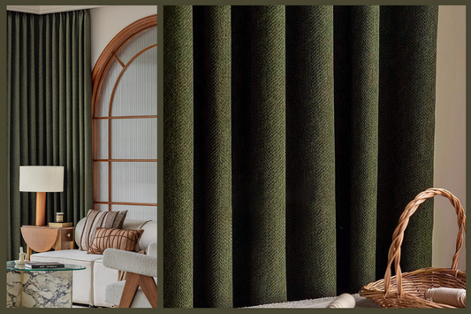 Dark green textured blackout curtains in a modern living room interior