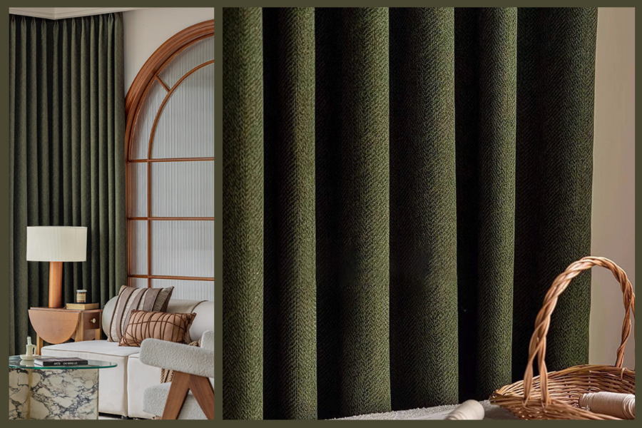Dark green textured blackout curtains in a modern living room interior