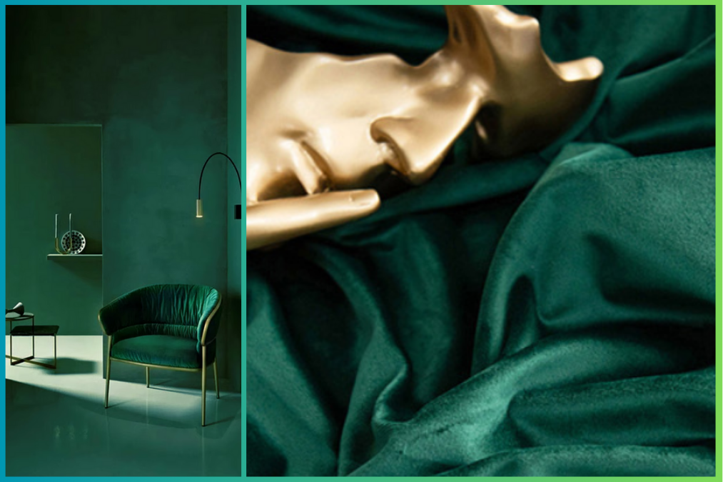Emerald green velvet curtain fabric in modern living room with gold decor accents