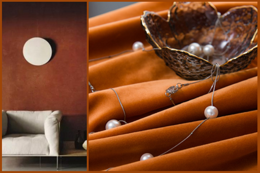 Burnt orange velvet curtains with silver and pearl decor, modern living room with sofa