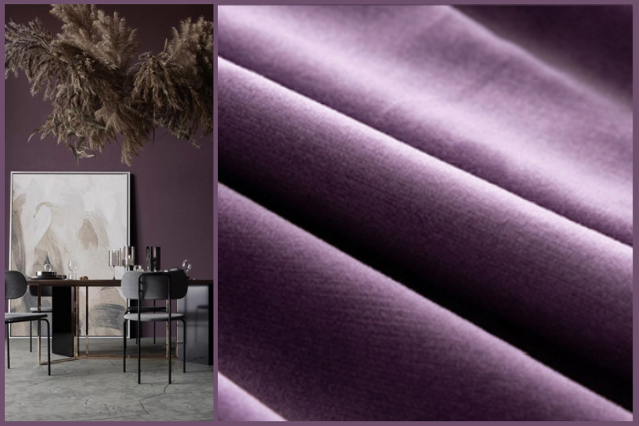 Modern dining room with mauve blackout curtains and close-up of purple curtain fabric
