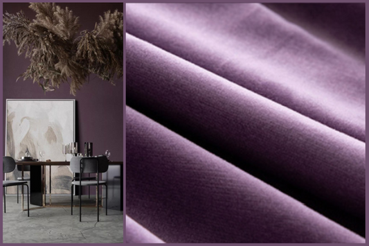 Modern dining room with mauve blackout curtains and close-up of purple curtain fabric