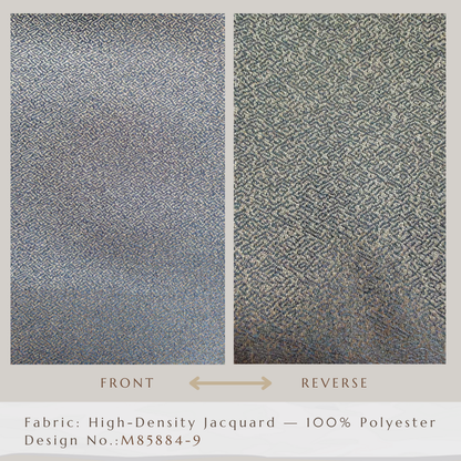 High-density jacquard curtain fabric front and reverse, blue geometric polyester pattern.