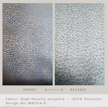 High-density jacquard curtain fabric with metallic leaf pattern, front and reverse sides shown