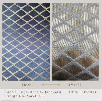 High-density jacquard curtain fabric with gold diamond pattern, front and reverse sides shown.