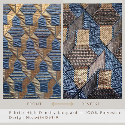 Front and reverse of jacquard curtain fabric with gold and blue geometric pattern, 100% polyester