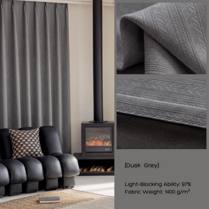 Dusk grey blackout curtains in modern living room with fabric texture details.