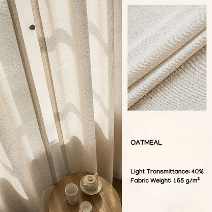 Oatmeal textured sheer curtains with soft light, close-up fabric detail, and tea set.