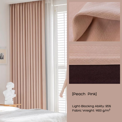 Peach pink blackout curtains in modern bedroom, close-up of fabric texture and sample.