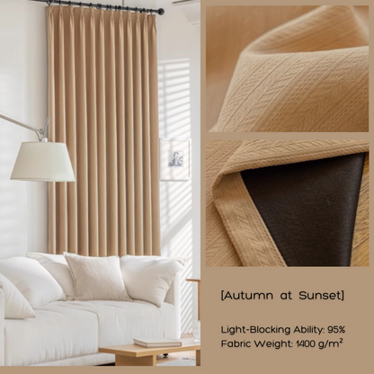 Beige blackout curtains in a modern living room, close-up of fabric texture and lining.