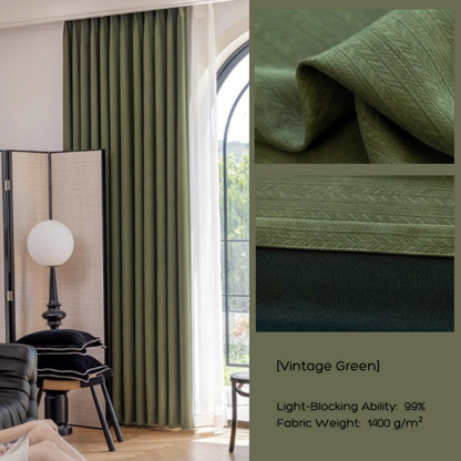 Vintage green blackout curtains with textured fabric, 99% light blocking, shown in modern living room.